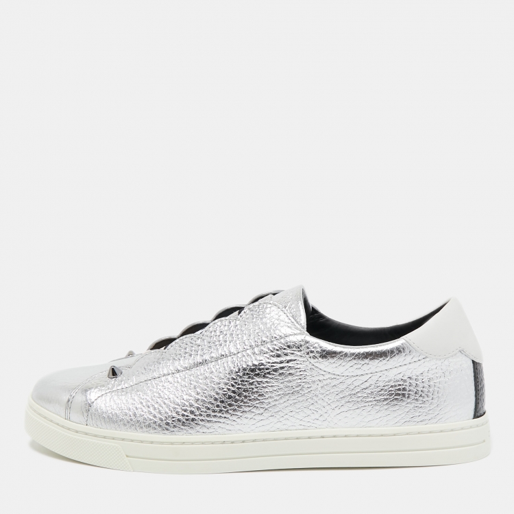 Pre Owned Fendi Silver Leather Rockoko Scallop Slip On Sneakers Size 38