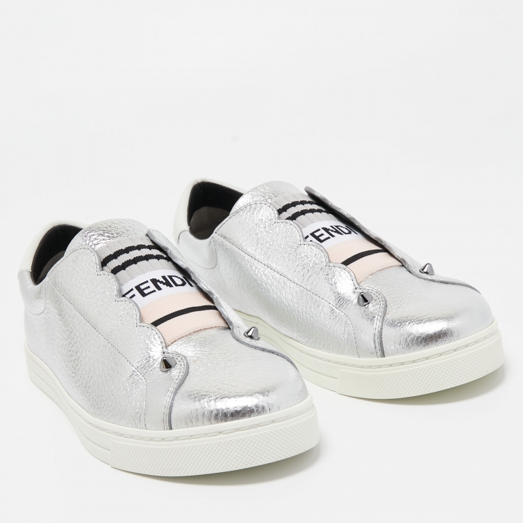 Pre Owned Fendi Silver Leather Rockoko Scallop Slip On Sneakers Size 38