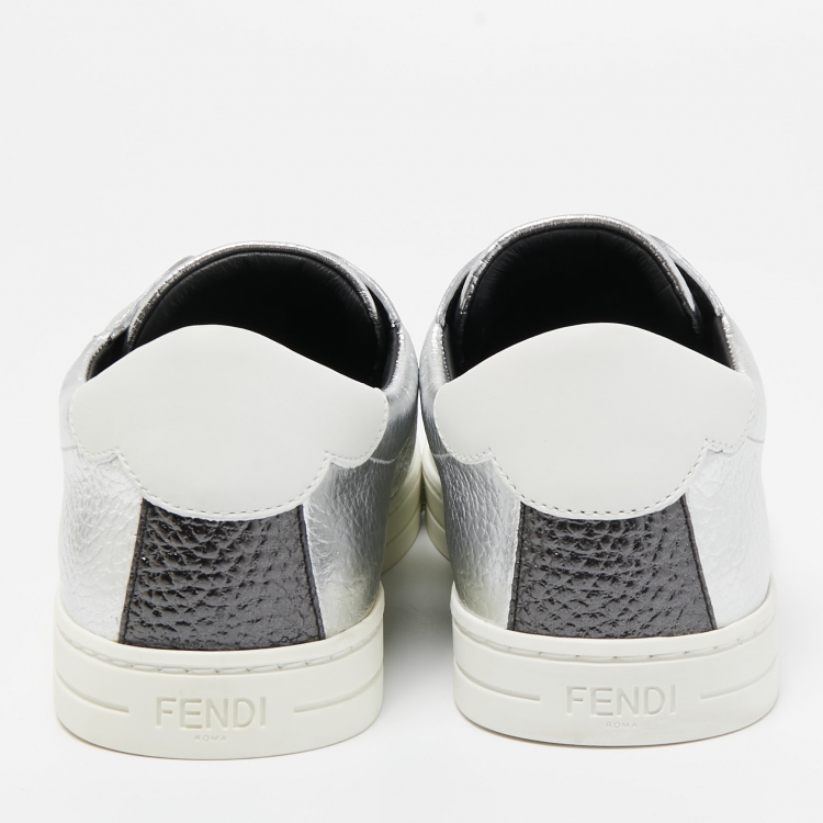 Pre Owned Fendi Silver Leather Rockoko Scallop Slip On Sneakers Size 38