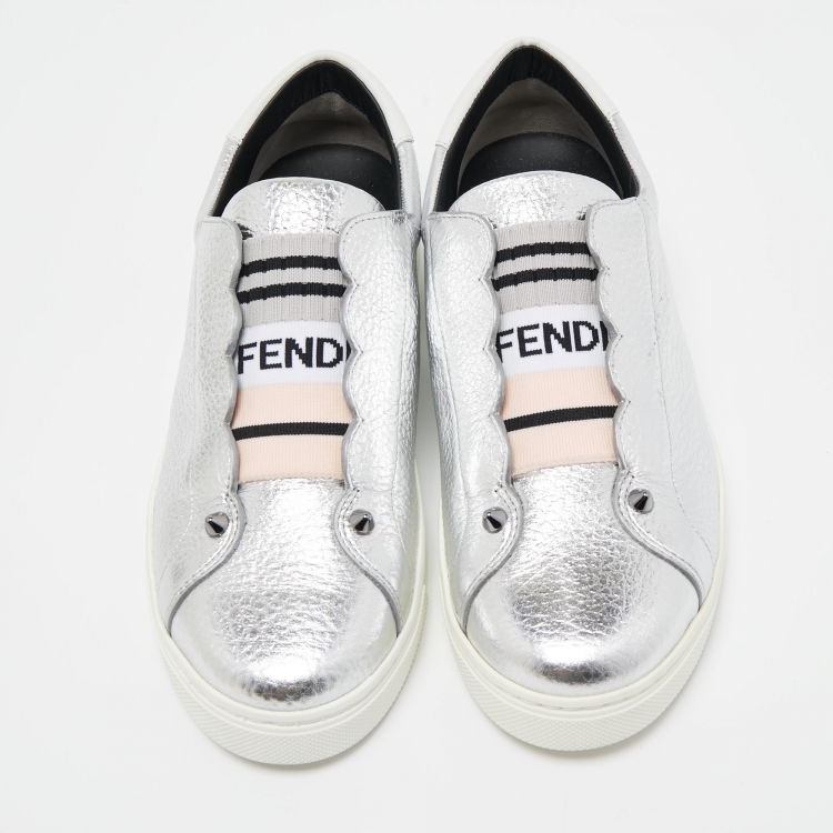 Pre Owned Fendi Silver Leather Rockoko Scallop Slip On Sneakers Size 38