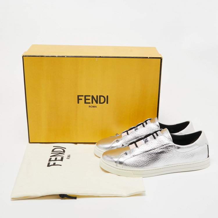 Pre Owned Fendi Silver Leather Rockoko Scallop Slip On Sneakers Size 38
