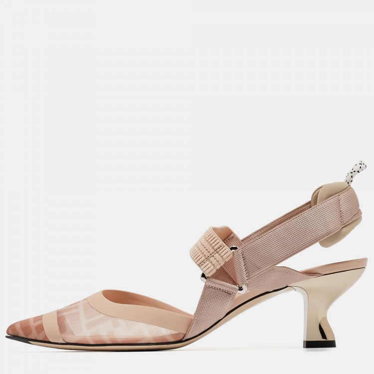 Pre Owned Fendi Beige Mesh and Canvas Colibri Slingback Pumps Size 41