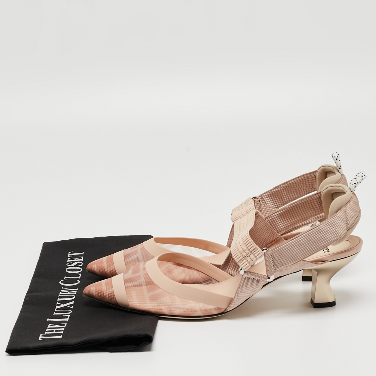 Pre Owned Fendi Beige Mesh and Canvas Colibri Slingback Pumps Size 41
