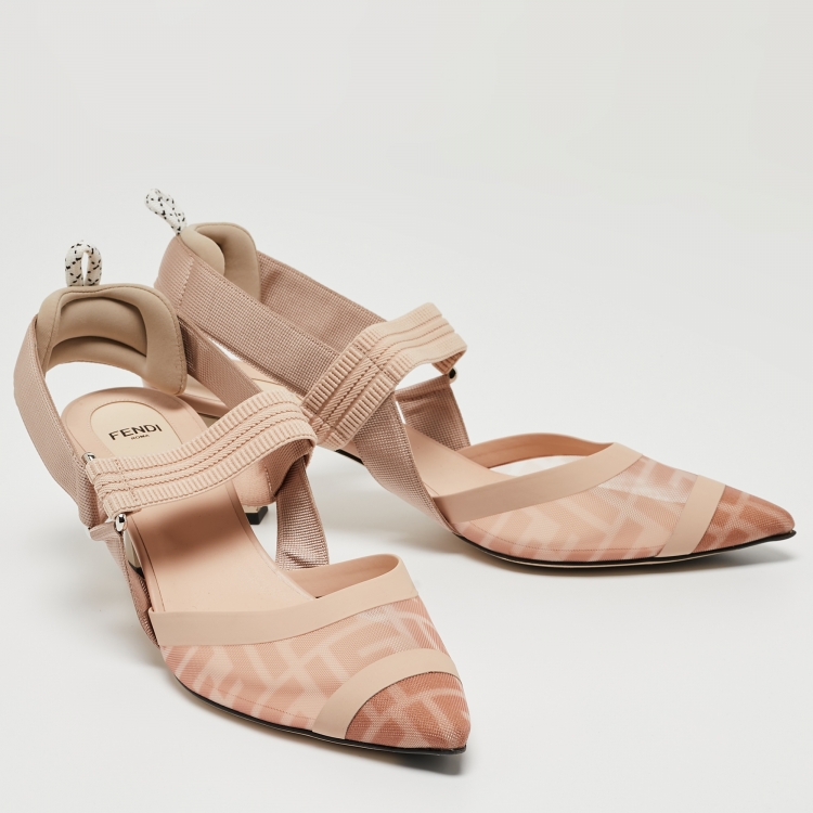 Pre Owned Fendi Beige Mesh and Canvas Colibri Slingback Pumps Size 41