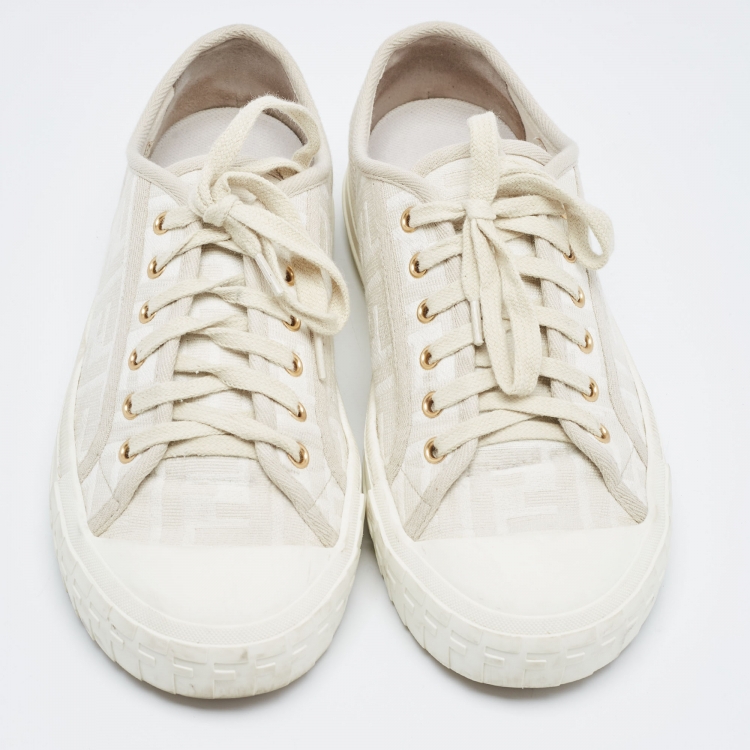 Pre Owned Fendi White/Beige Canvas Domino Sneakers Size 39