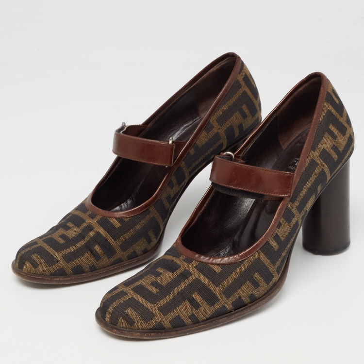 Pre Owned Fendi Tobacco Zucca Canvas and Leather Mary Jane Pumps Size 39