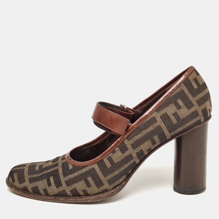 Pre Owned Fendi Tobacco Zucca Canvas and Leather Mary Jane Pumps Size 39