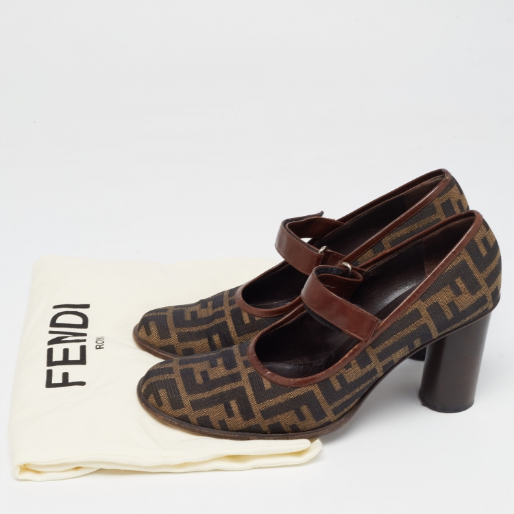 Pre Owned Fendi Tobacco Zucca Canvas and Leather Mary Jane Pumps Size 39