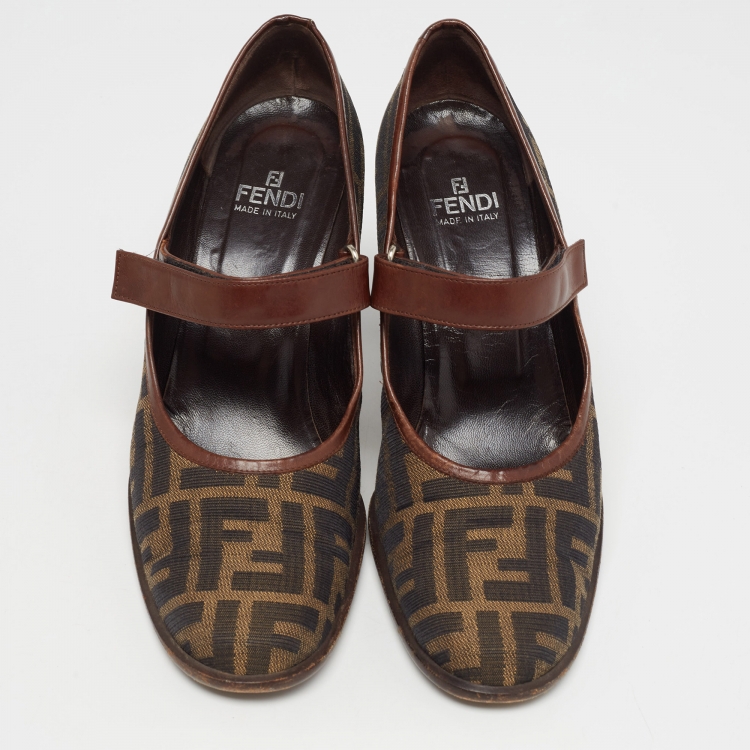 Pre Owned Fendi Tobacco Zucca Canvas and Leather Mary Jane Pumps Size 39