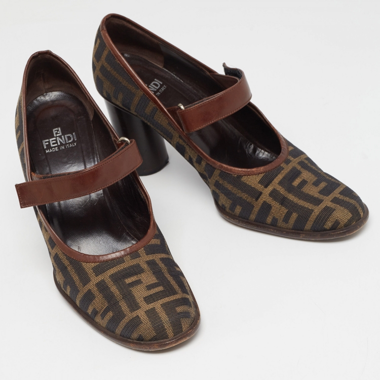Pre Owned Fendi Tobacco Zucca Canvas and Leather Mary Jane Pumps Size 39