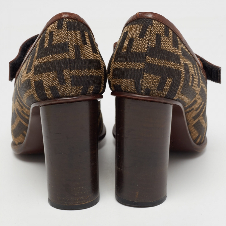 Pre Owned Fendi Tobacco Zucca Canvas and Leather Mary Jane Pumps Size 39