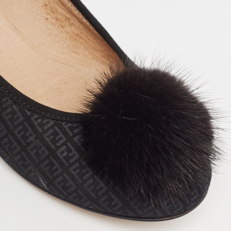 Pre Owned Fendi Black Suede Zucca Fur Embellished  Ballet Flats Size 35