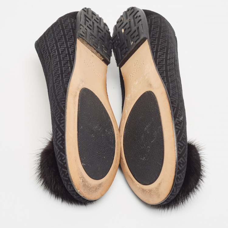 Pre Owned Fendi Black Suede Zucca Fur Embellished  Ballet Flats Size 35