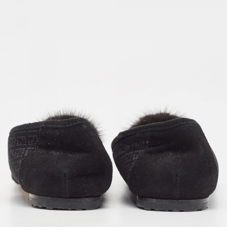Pre Owned Fendi Black Suede Zucca Fur Embellished  Ballet Flats Size 35