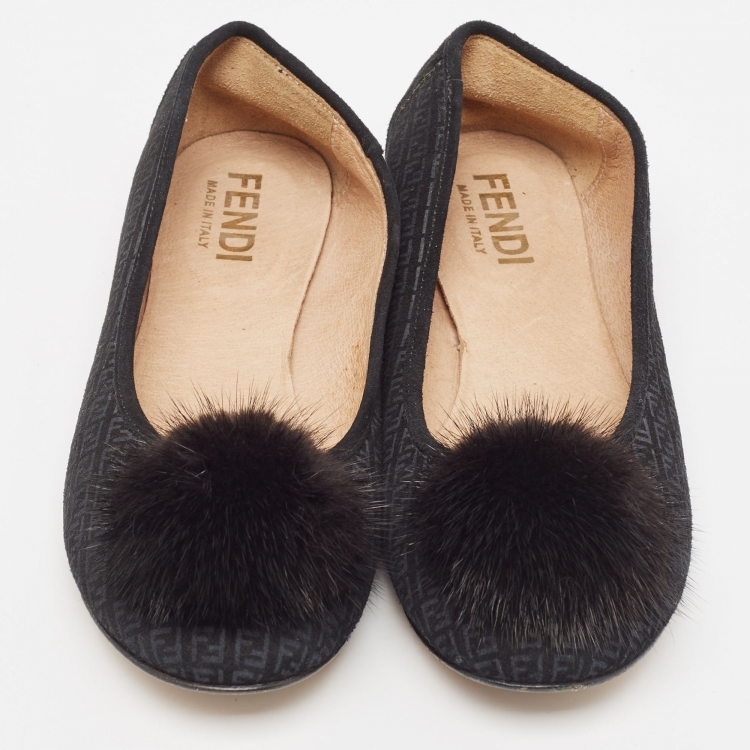 Pre Owned Fendi Black Suede Zucca Fur Embellished  Ballet Flats Size 35