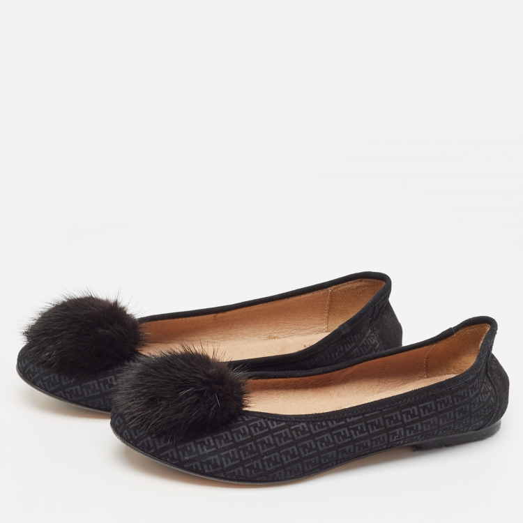 Pre Owned Fendi Black Suede Zucca Fur Embellished  Ballet Flats Size 35