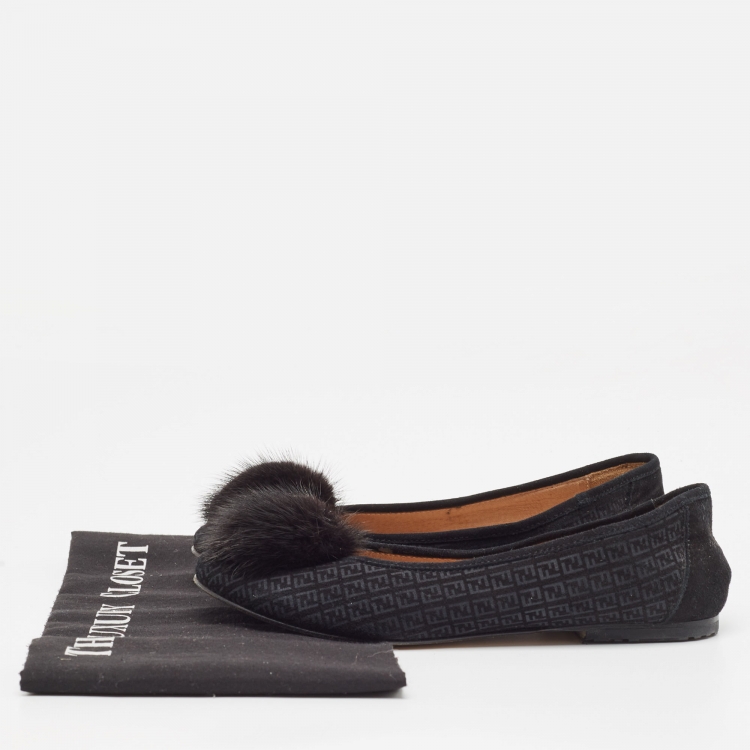 Pre Owned Fendi Black Suede Zucca Fur Embellished  Ballet Flats Size 35