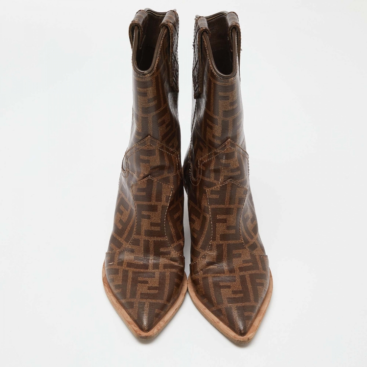 مملوكة مسبقًا Fendi Brown Zucca Coated Canvas Pointed Toe Ankle Boots Size 37