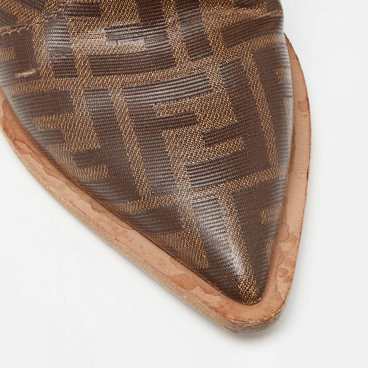 مملوكة مسبقًا Fendi Brown Zucca Coated Canvas Pointed Toe Ankle Boots Size 37
