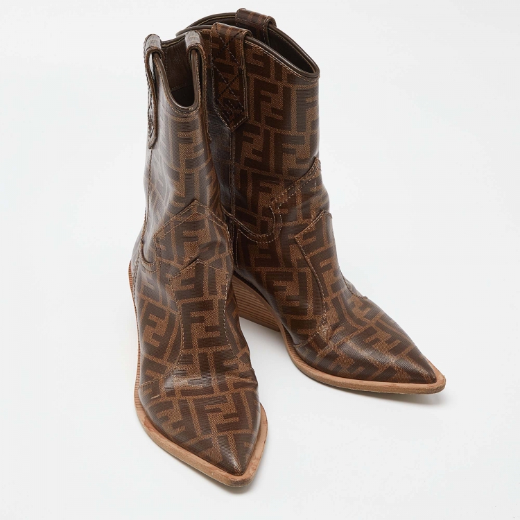 مملوكة مسبقًا Fendi Brown Zucca Coated Canvas Pointed Toe Ankle Boots Size 37