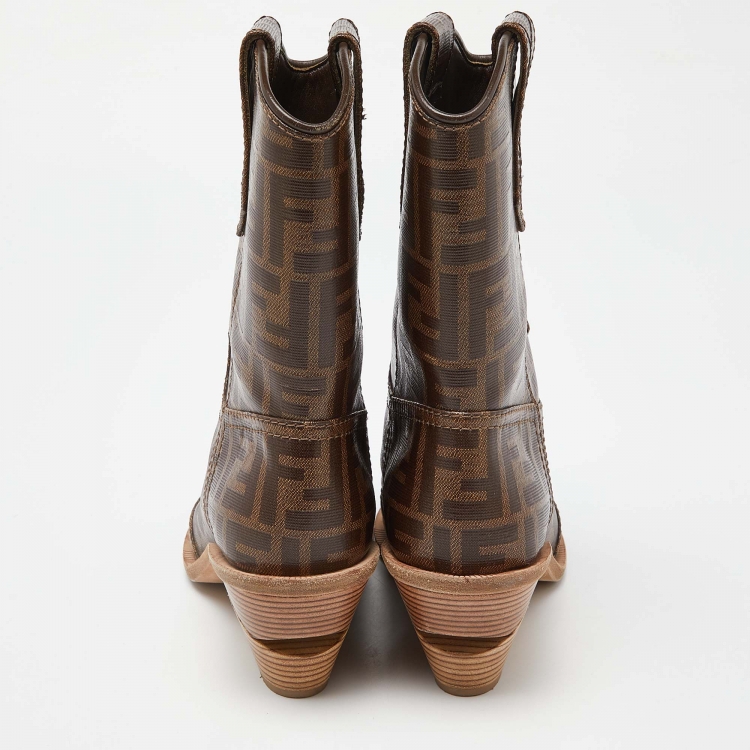 مملوكة مسبقًا Fendi Brown Zucca Coated Canvas Pointed Toe Ankle Boots Size 37