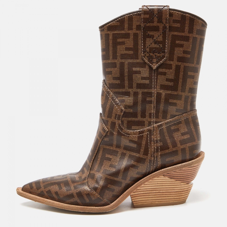 مملوكة مسبقًا Fendi Brown Zucca Coated Canvas Pointed Toe Ankle Boots Size 37