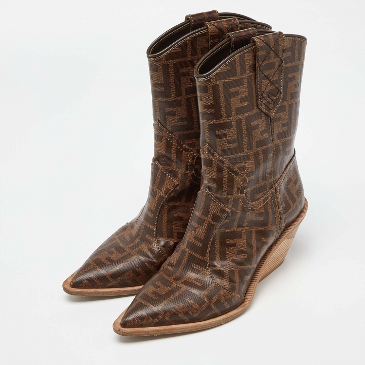 مملوكة مسبقًا Fendi Brown Zucca Coated Canvas Pointed Toe Ankle Boots Size 37