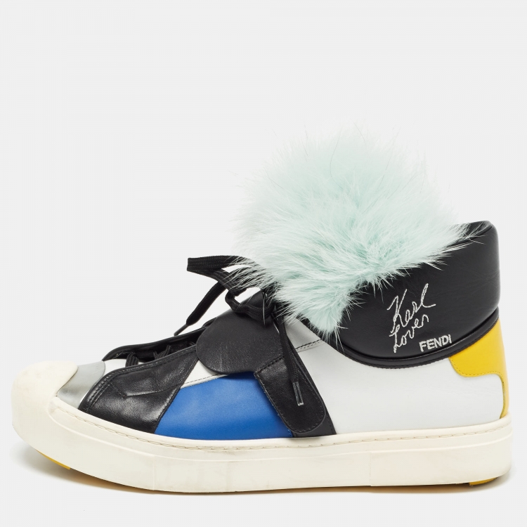Pre Owned Fendi Multicolor Leather and Fur Karlito High Top Sneakers Size 41