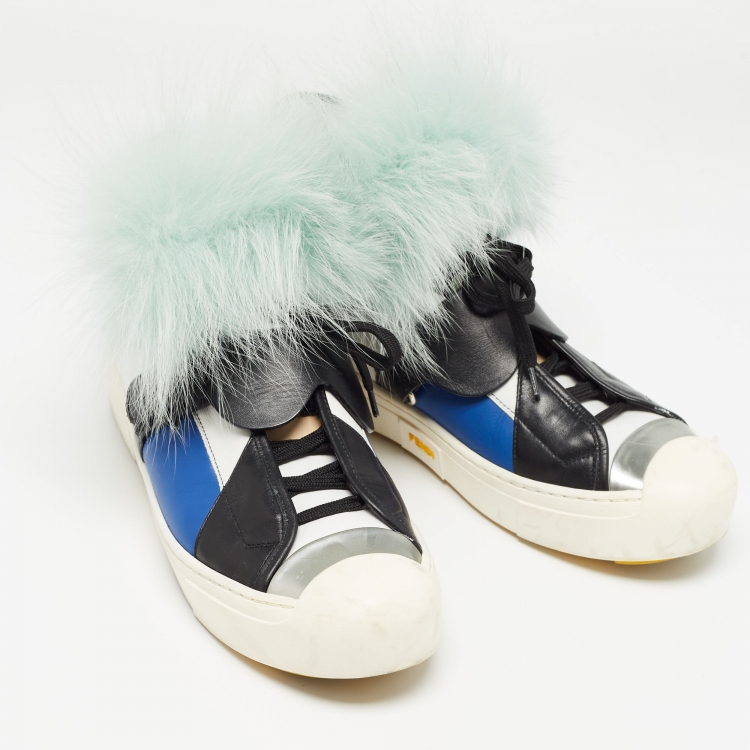 Pre Owned Fendi Multicolor Leather and Fur Karlito High Top Sneakers Size 41