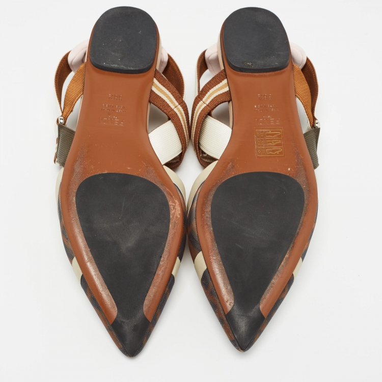 مملوكة مسبقًا Fendi Tricolor Zucca Mesh and Leather Colibri Slingback Flats Size 38.5