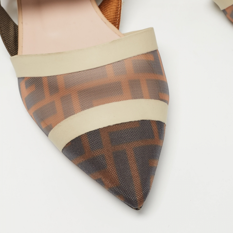 مملوكة مسبقًا Fendi Tricolor Zucca Mesh and Leather Colibri Slingback Flats Size 38.5