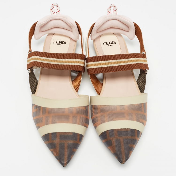 مملوكة مسبقًا Fendi Tricolor Zucca Mesh and Leather Colibri Slingback Flats Size 38.5