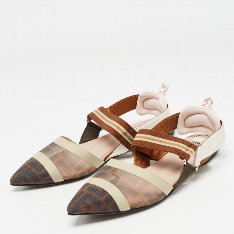 مملوكة مسبقًا Fendi Tricolor Zucca Mesh and Leather Colibri Slingback Flats Size 38.5
