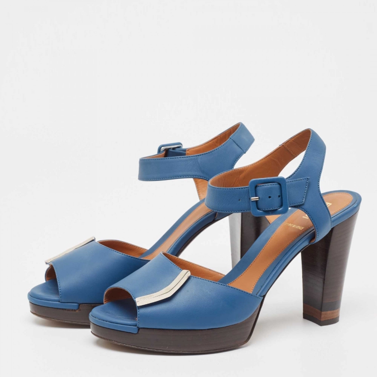 Pre Owned Fendi Blue Leather Metal Logo Open-Toe Ankle-Strap Platform Sandals Size 39
