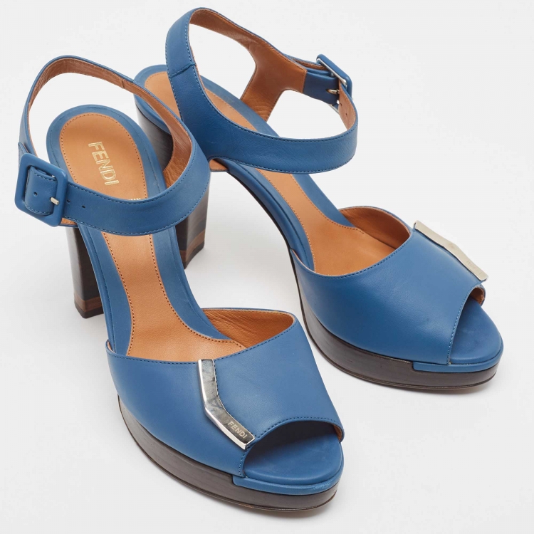 Pre Owned Fendi Blue Leather Metal Logo Open-Toe Ankle-Strap Platform Sandals Size 39