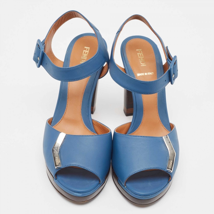 Pre Owned Fendi Blue Leather Metal Logo Open-Toe Ankle-Strap Platform Sandals Size 39