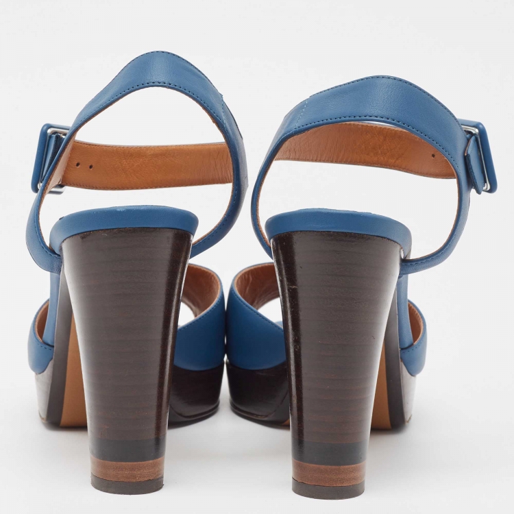 Pre Owned Fendi Blue Leather Metal Logo Open-Toe Ankle-Strap Platform Sandals Size 39