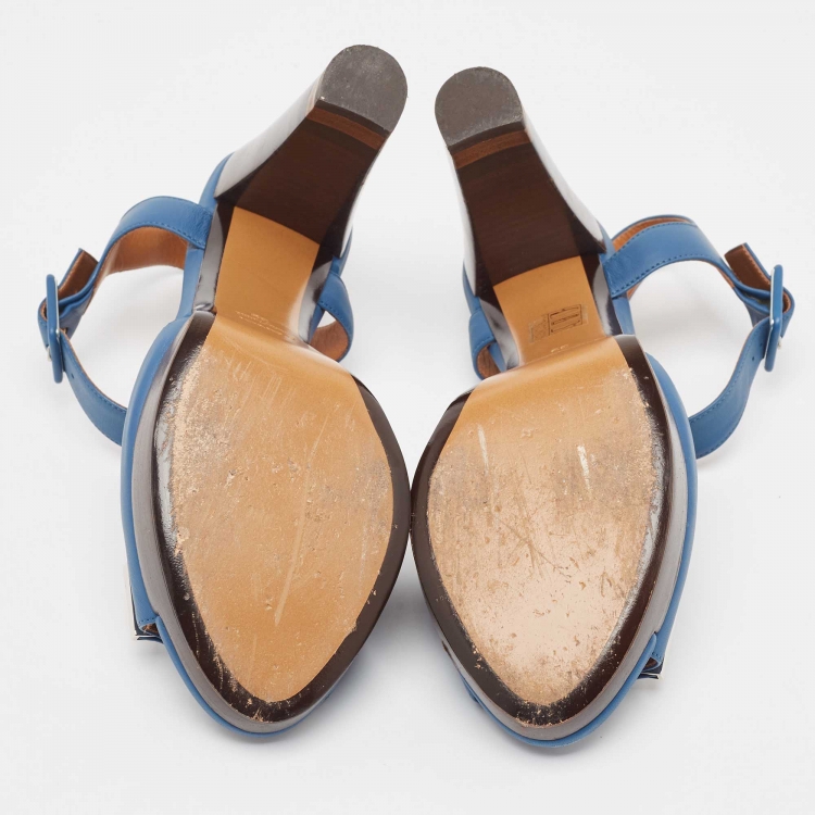 Pre Owned Fendi Blue Leather Metal Logo Open-Toe Ankle-Strap Platform Sandals Size 39