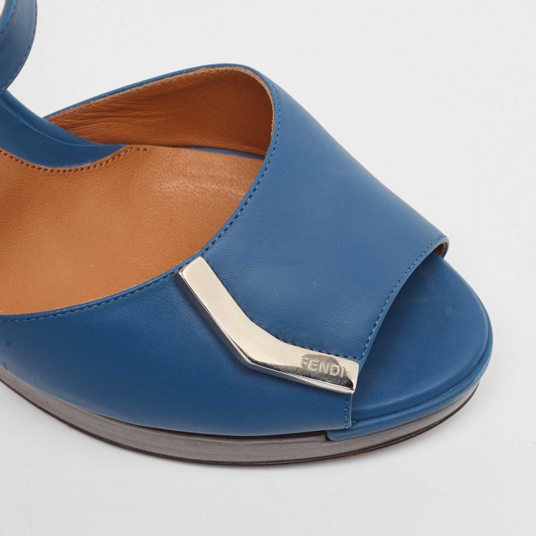 Pre Owned Fendi Blue Leather Metal Logo Open-Toe Ankle-Strap Platform Sandals Size 39