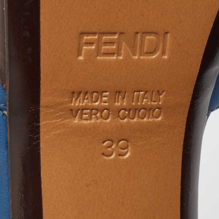 Pre Owned Fendi Blue Leather Metal Logo Open-Toe Ankle-Strap Platform Sandals Size 39