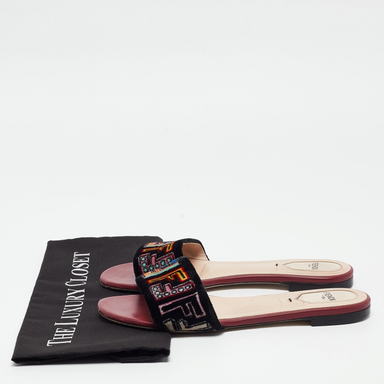 Pre Owned Fendi Multicolor Velvet FF Logo Flat Slides Size 39