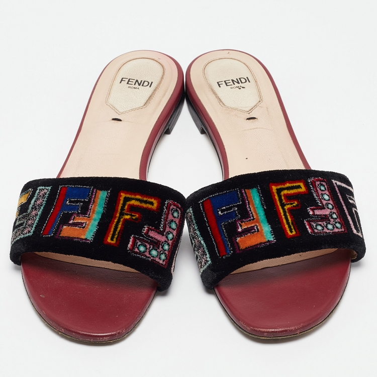 Pre Owned Fendi Multicolor Velvet FF Logo Flat Slides Size 39