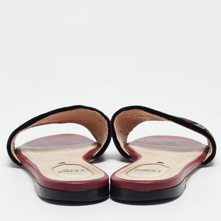 Pre Owned Fendi Multicolor Velvet FF Logo Flat Slides Size 39