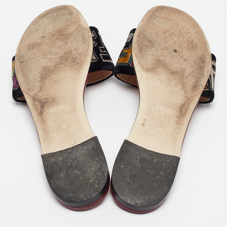 Pre Owned Fendi Multicolor Velvet FF Logo Flat Slides Size 39