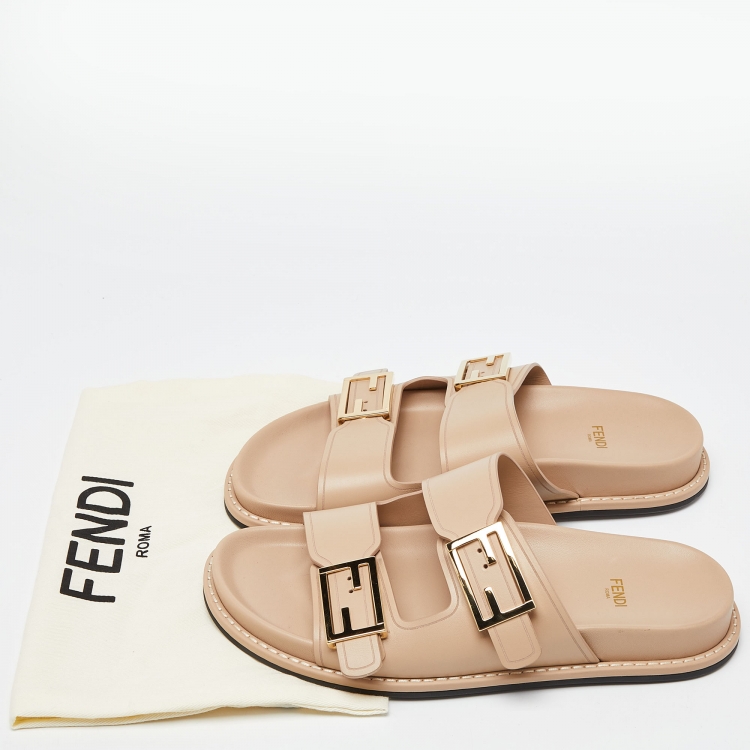 Pre Owned Fendi Beige Leather Strap Flat Slides Size 39