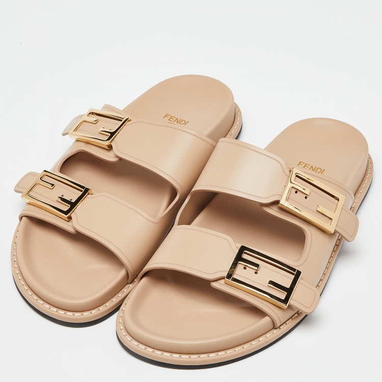 Pre Owned Fendi Beige Leather Strap Flat Slides Size 39