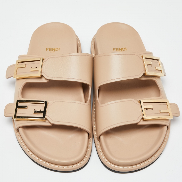 Pre Owned Fendi Beige Leather Strap Flat Slides Size 39