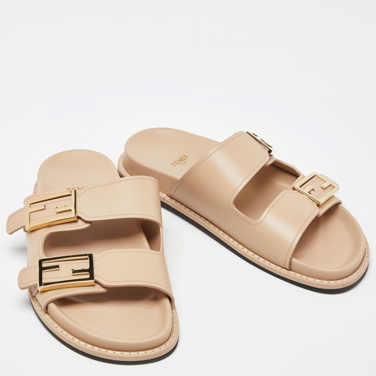 Pre Owned Fendi Beige Leather Strap Flat Slides Size 39