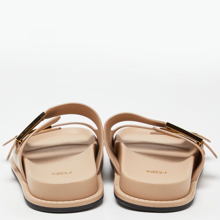 Pre Owned Fendi Beige Leather Strap Flat Slides Size 39