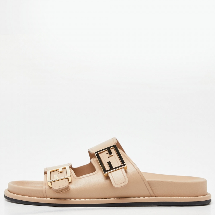 Pre Owned Fendi Beige Leather Strap Flat Slides Size 39